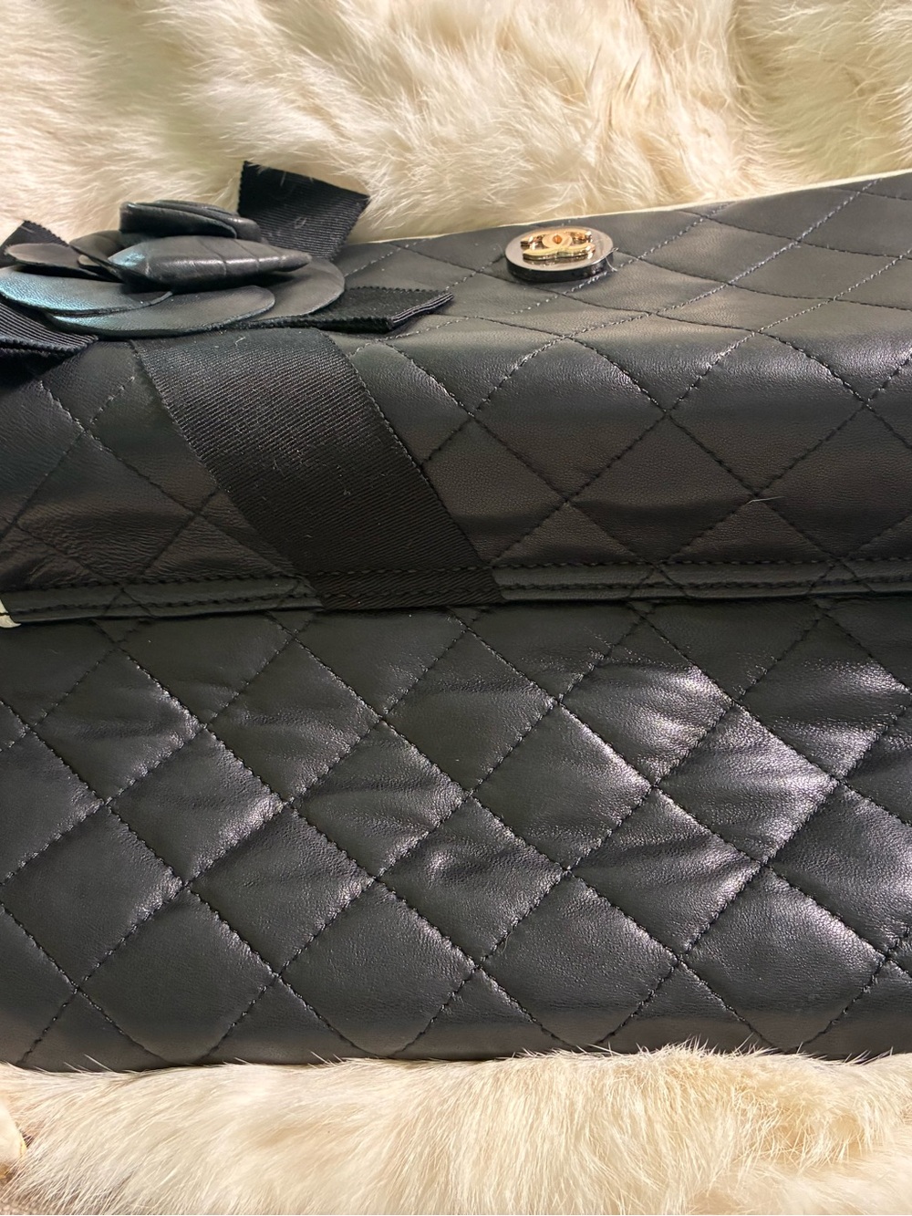 Black Quilted Leather Camellia Clutch with Ivory Trim and Gold CC - Picture 4 of 6